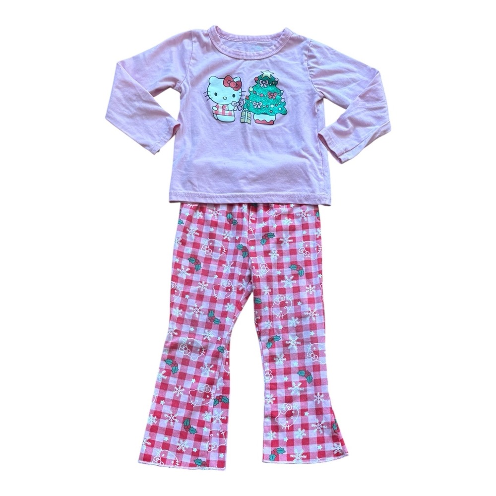 Hello Kitty Christmas Pajamas Set Pink Red Gingham Plaid 24M Holiday Sleepwear